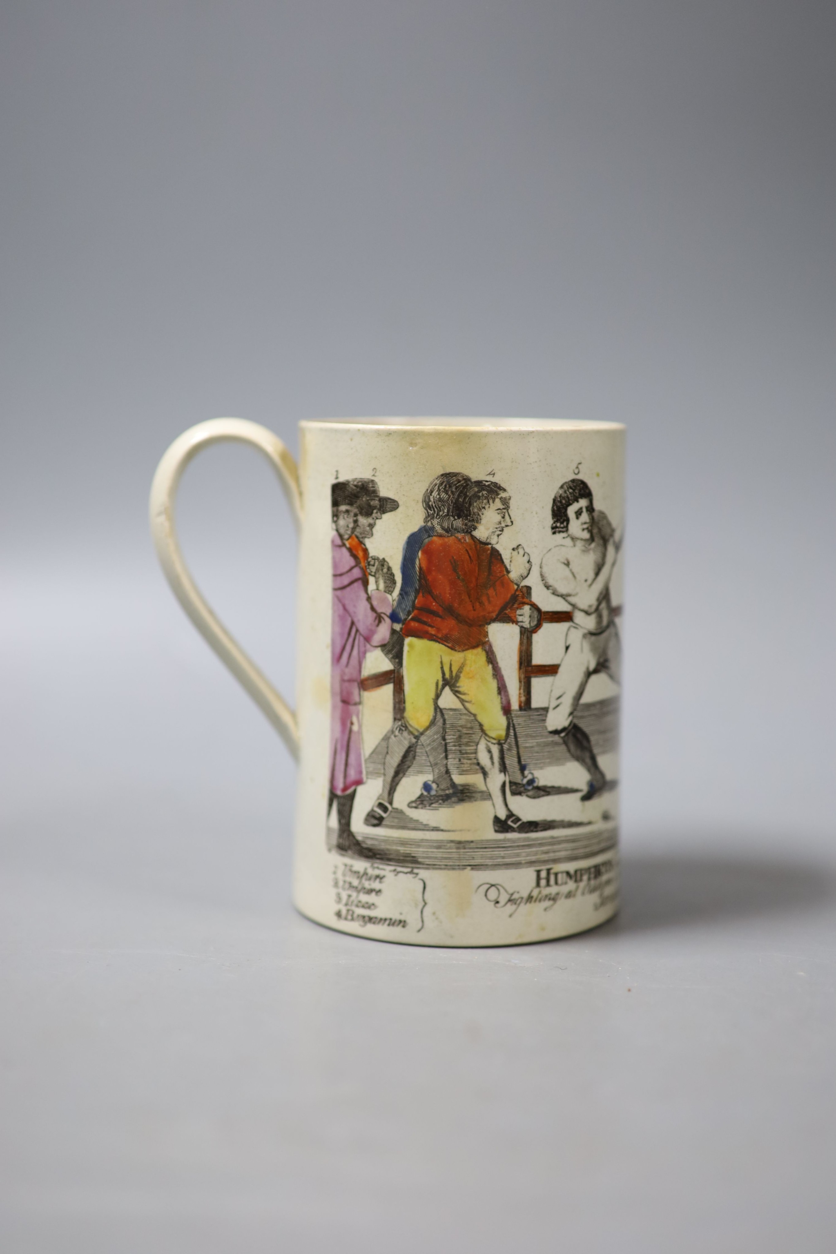 Boxing History- A late 18th century pearlware mug, depicting Humphreys v Mendoza, height 12cm